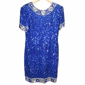 Vintage Silk Sequin Beaded Blue Formal Dress P12